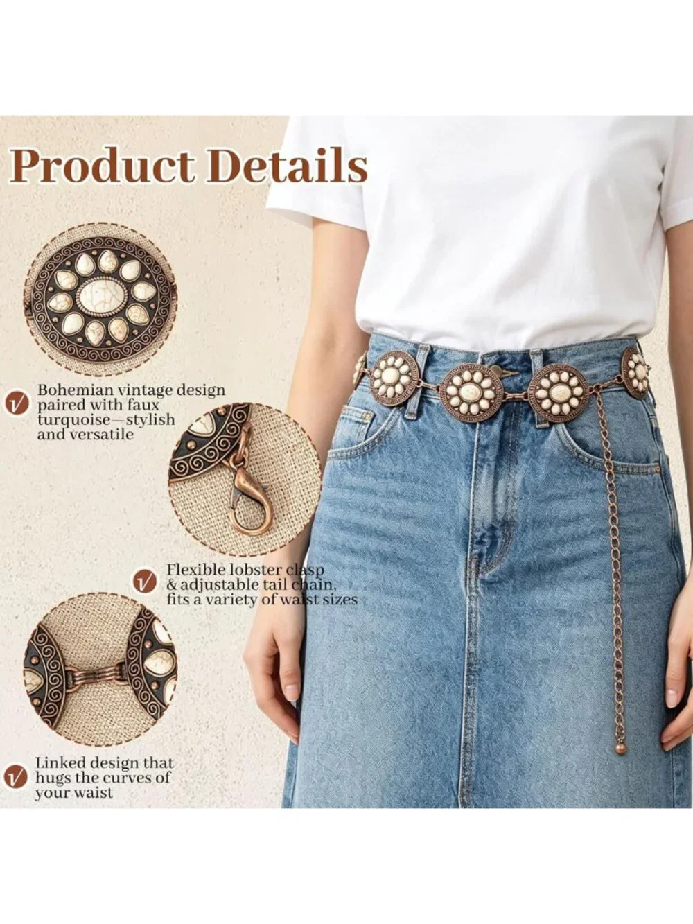 Turquoise Concho Chain Waist Belt for Women | Boho Western Style for Dresses